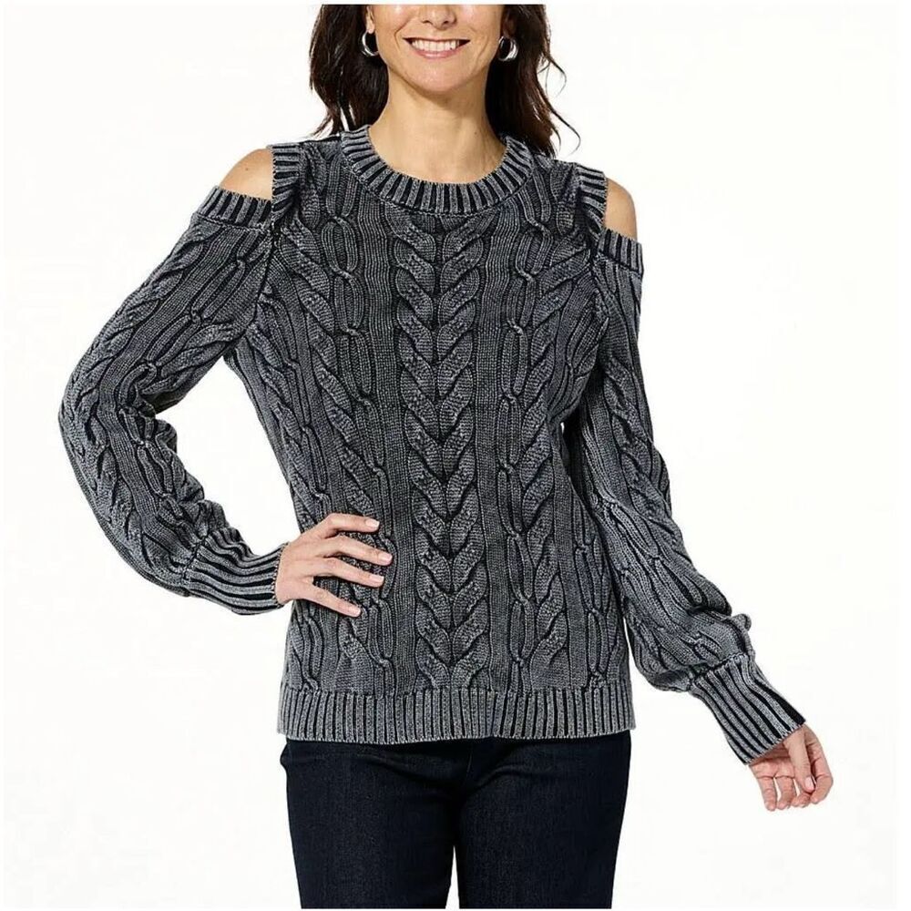 DG2 by Diane Gilman Vintage Wash 100% Cotton Cold Shoulder Sweater Black 3X NWT